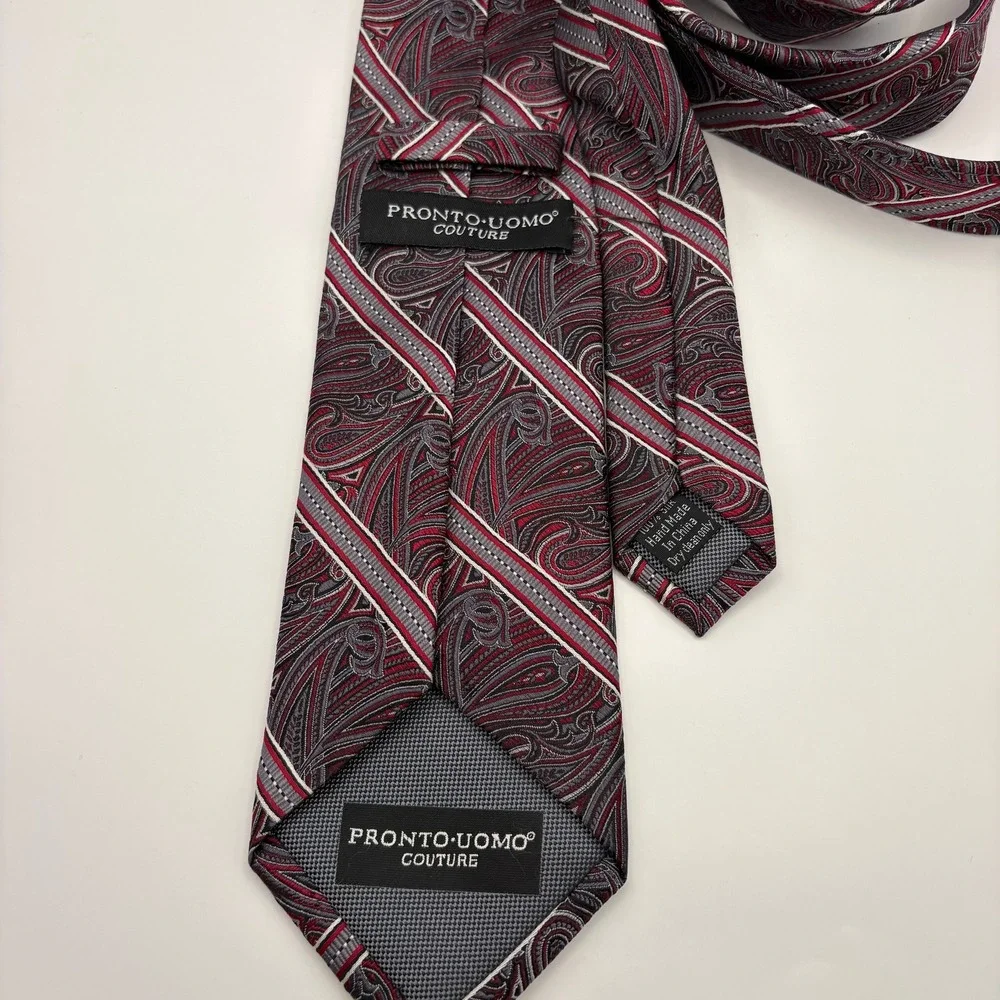 Pronto Uomo Couture Mens Silk Necktie‎ Red Grey Paisley Striped Hand Made